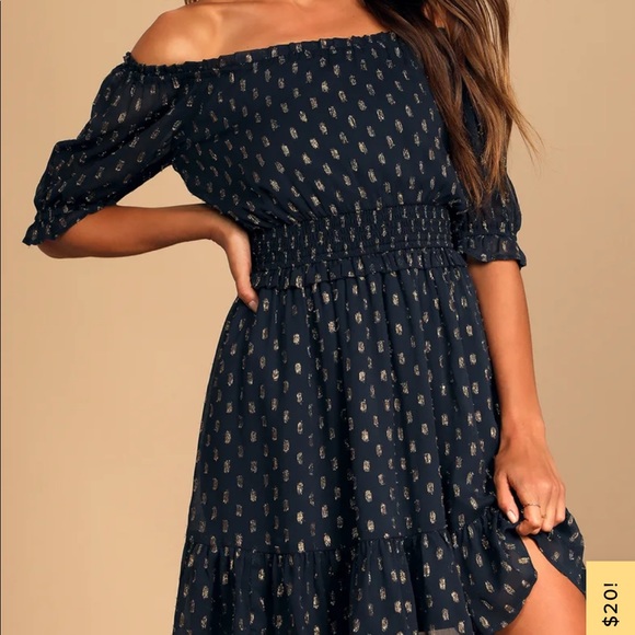 Lulu’s Touch of Glam Navy Blue Dotted Off-the-
Shoulder Mini Dress - Picture 2 of 4